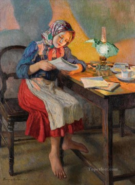 ニコライ・ペトロヴィッチ・ボグダノフ・ベルスキー Painting - ランプによる読書 ニコライ・ボグダノフ・ベルスキー